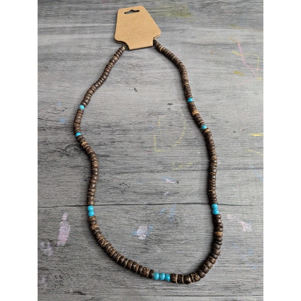 Handmade Brown Wood Disc Bead Necklace with Turquoise Blue Accents Boho Style